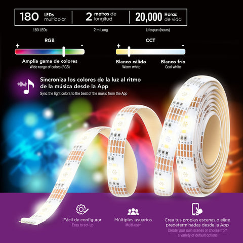 Tira de LED inteligente 2 metros; luz blanca fría o cálida, multicolor RGB+CCT (LC-1397)