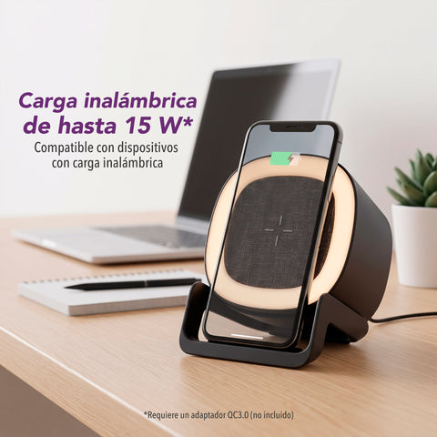 Bocina Bluetooth 3 en 1 con Carga Inalámbrica de hasta 15 W y Luz LED Multicolor| LC-1437