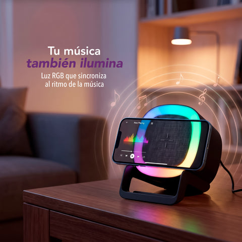 Bocina Bluetooth 3 en 1 con Carga Inalámbrica de hasta 15 W y Luz LED Multicolor| LC-1437