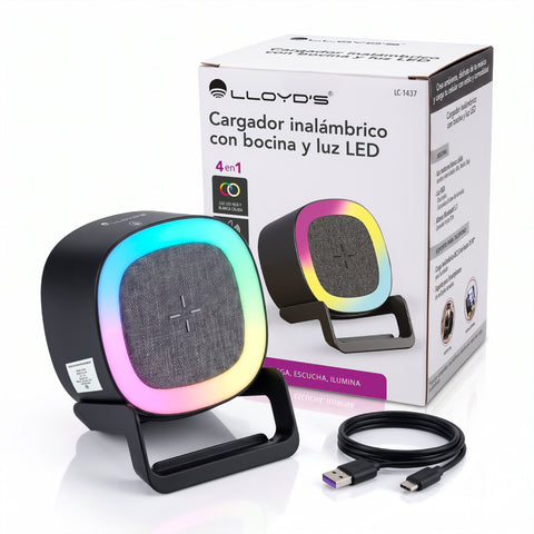 Bocina Bluetooth 3 en 1 con Carga Inalámbrica de hasta 15 W y Luz LED Multicolor| LC-1437
