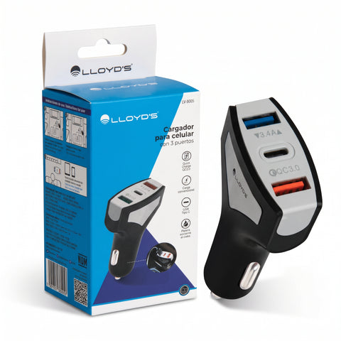 Cargador para Auto con USB-C, 2 Puertos USB y Carga Rápida QC 3.0 | LV-8005