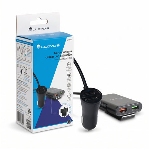 Cargador para Auto con 4 Puertos USB, Extensión de 1.7 m y Carga Rápida QC 3.0 | LV-8007